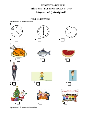 Đề kiểm tra học kì II môn Tiếng Anh Lớp 4 - Năm học 2018-2019